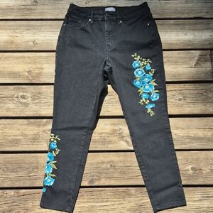 Martha Stewart Black Jeans with Blue Floral Embroidery